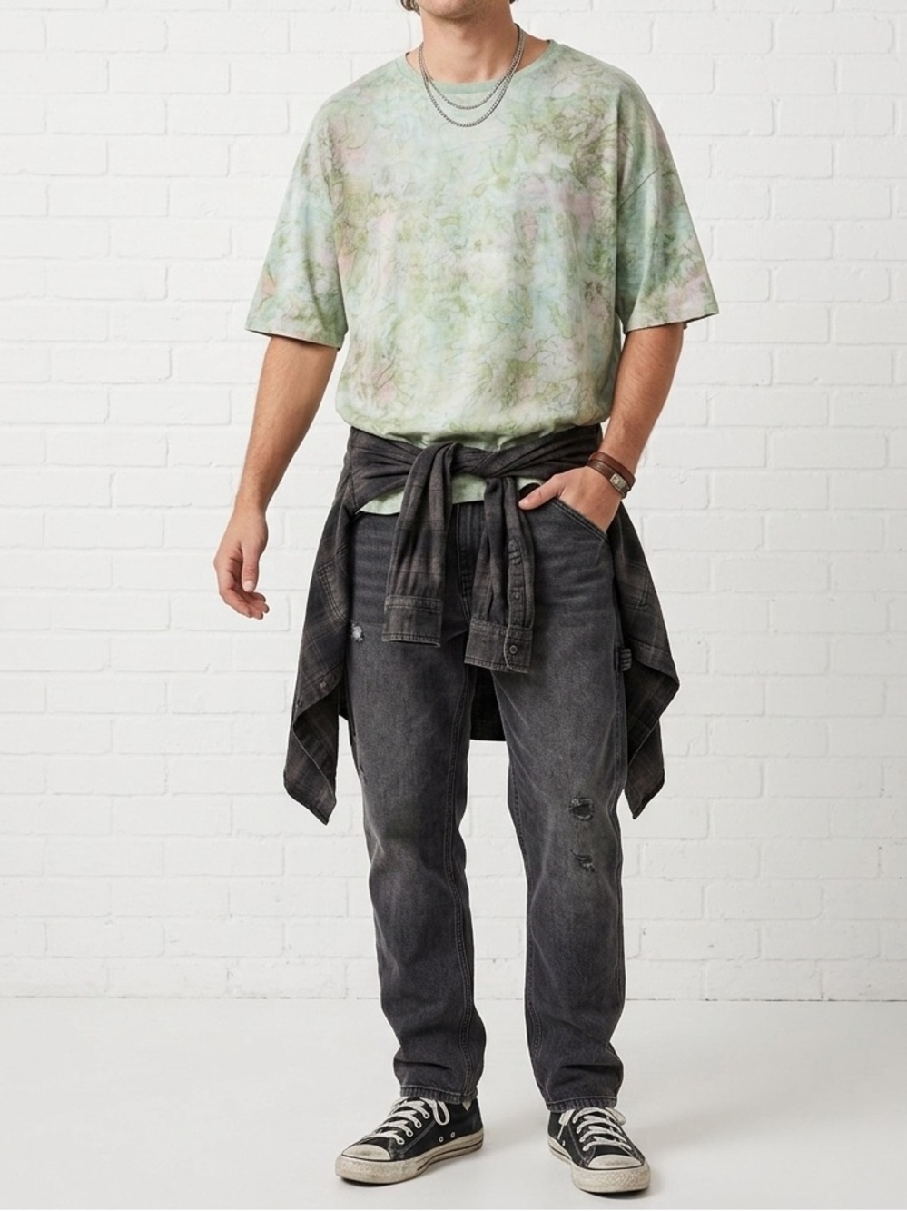 Vintage Green Tie Dye Tee Distressed Grunge Earthy Oversized T-Shirt